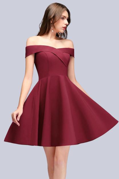 Dark Navy Simple Short Off the Shoulder Satin Homecoming Dresses