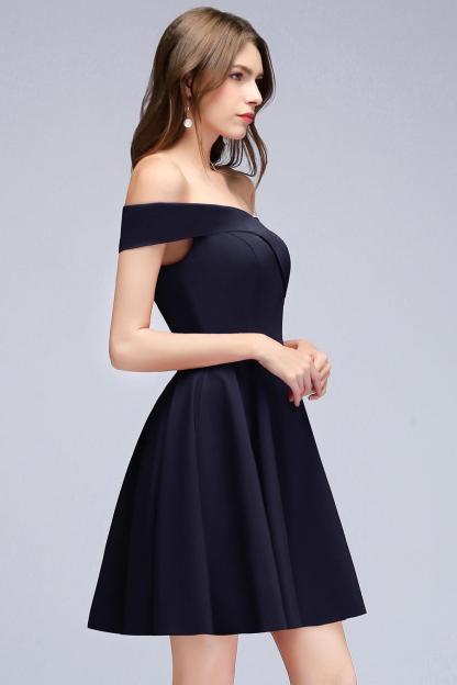 Dark Navy Simple Short Off the Shoulder Satin Homecoming Dresses