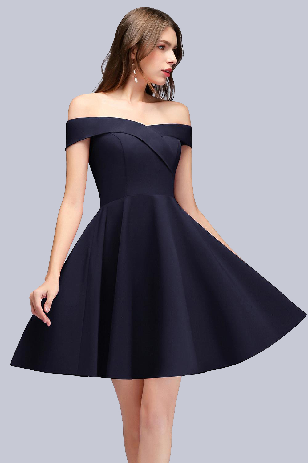 Dark Navy Simple Short Off the Shoulder Satin Homecoming Dresses
