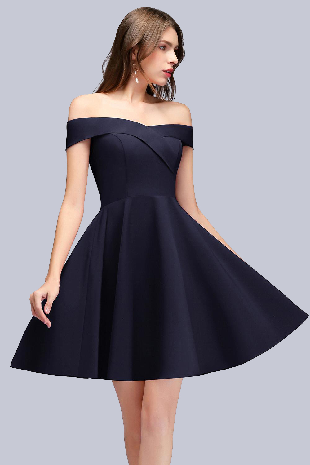 Dark Navy Simple Short Off the Shoulder Satin Homecoming Dresses