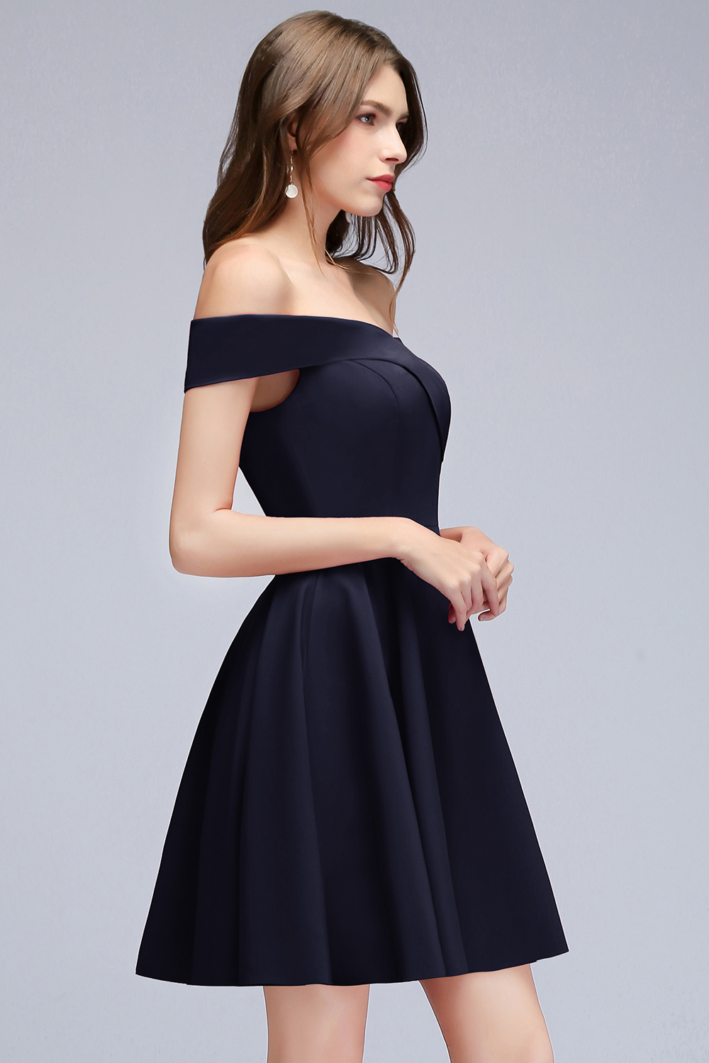 Dark Navy Simple Short Off the Shoulder Satin Homecoming Dresses