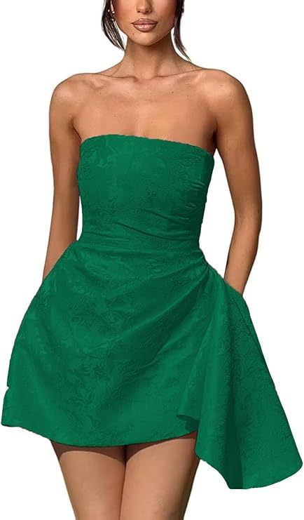 A-line Strapless Jacquard Satin Asymmetrical Lace up Sleeveless Short Homecoming Dress - CoCosBride