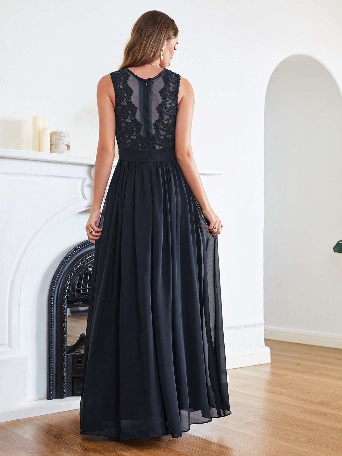 Long A line Crew Neck Floor Length Floral Lace Chiffon Wedding Guest Dress