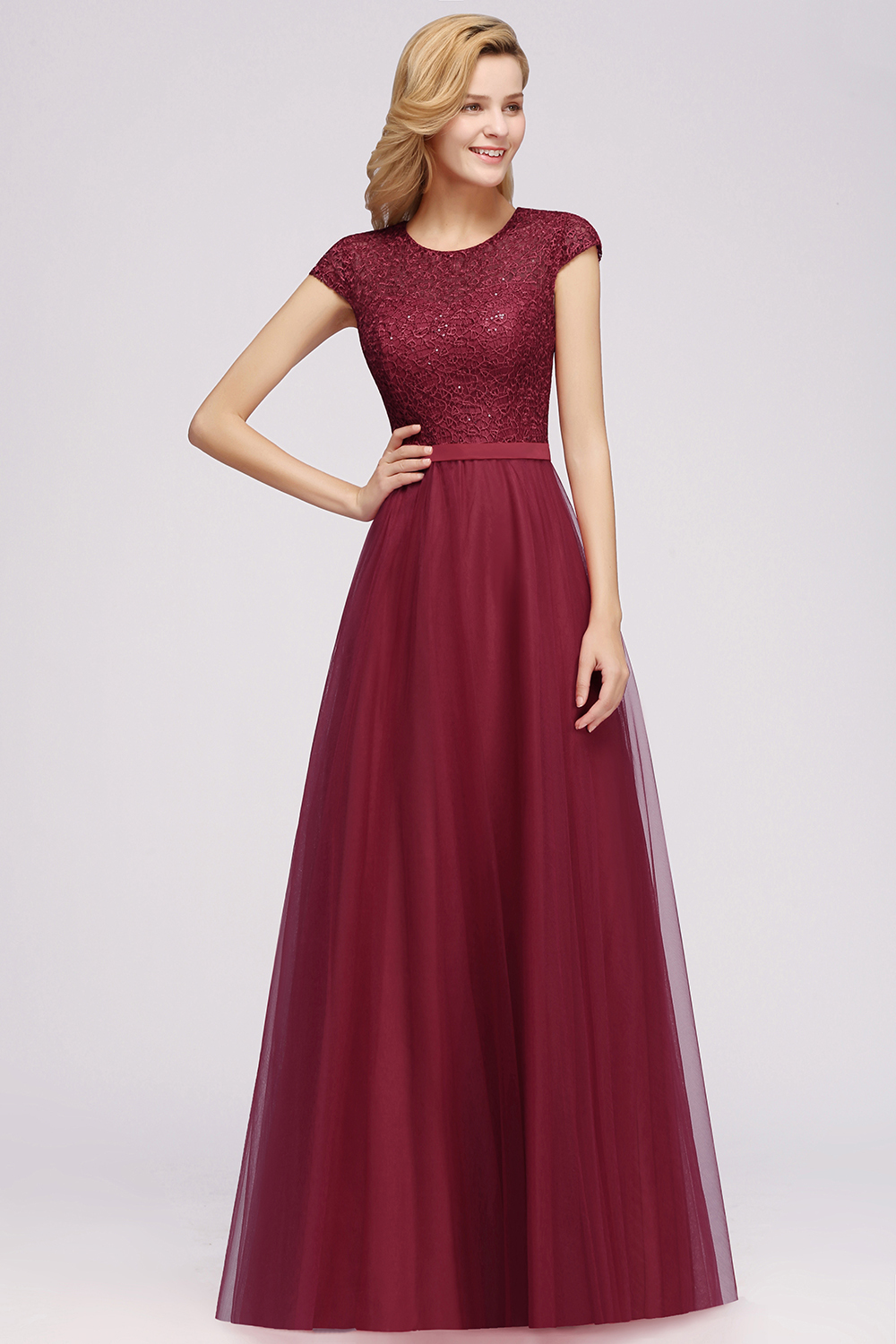 Delicate Bateau Short Sleeves A-Line Tulle Ruffles Floor-length Prom Dress