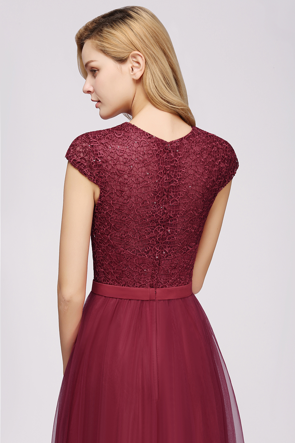 Delicate Bateau Short Sleeves A-Line Tulle Ruffles Floor-length Prom Dress