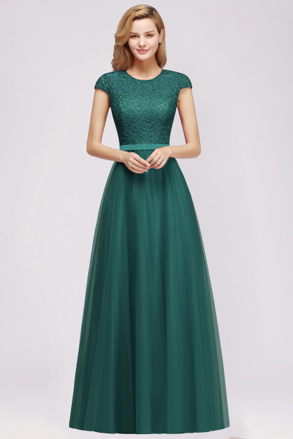 Delicate Bateau Short Sleeves A-Line Tulle Ruffles Floor-length Prom Dress
