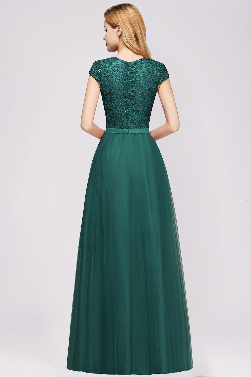 Delicate Bateau Short Sleeves A-Line Tulle Ruffles Floor-length Prom Dress