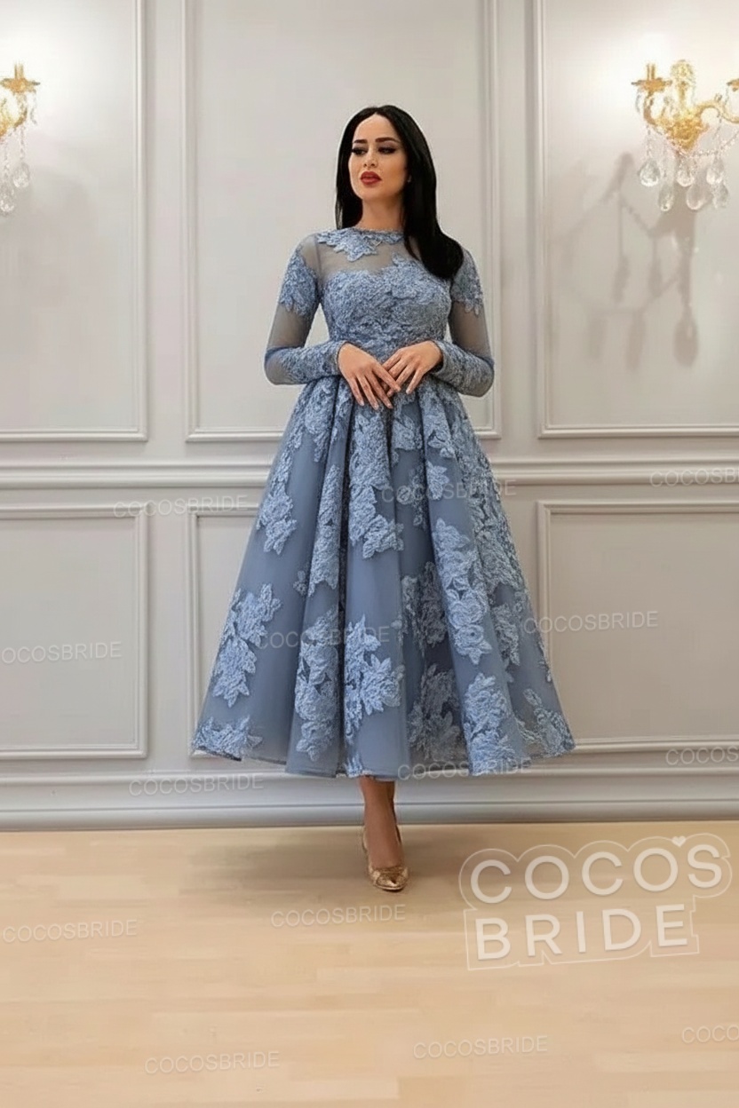 Elegant Short A-line High Neck Lace Ankle Length Formal Evening Dress with Sleeves