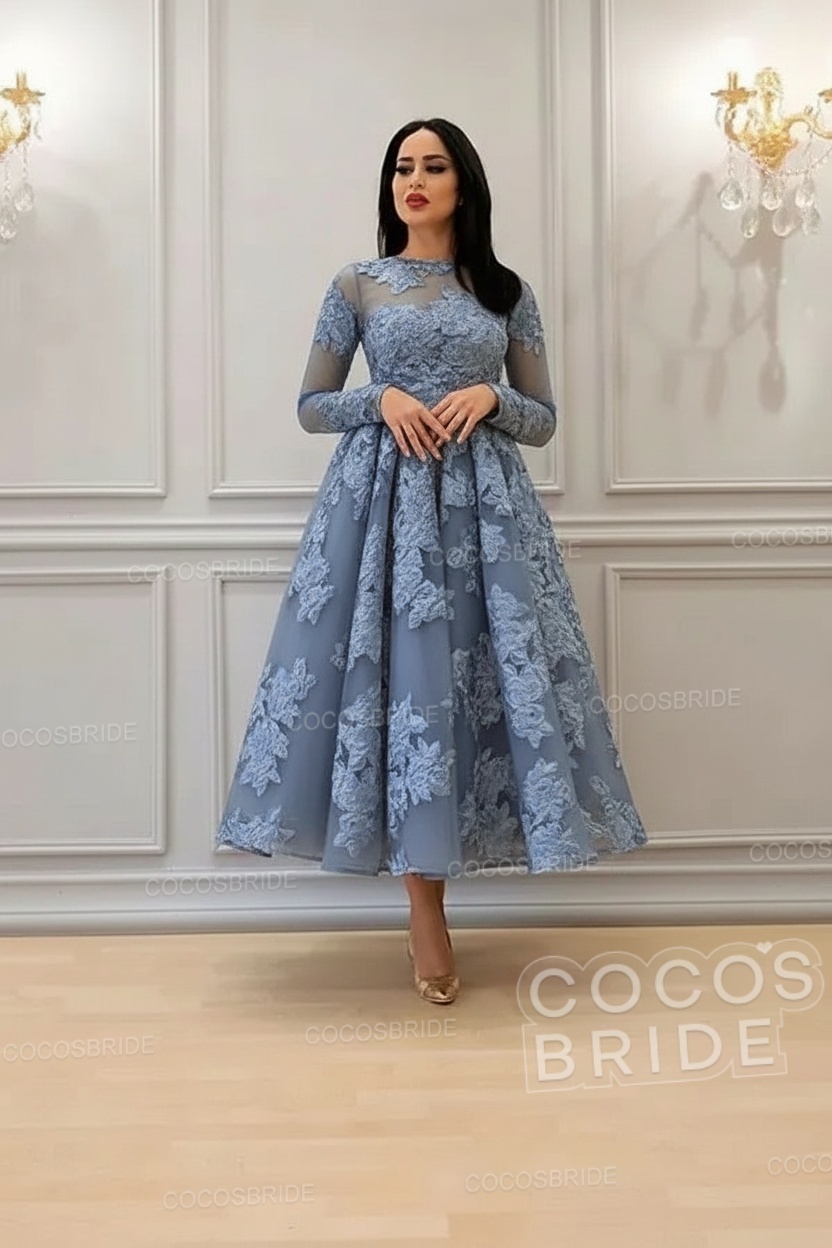 Elegant Short A-line High Neck Lace Ankle Length Formal Evening Dress with Sleeves