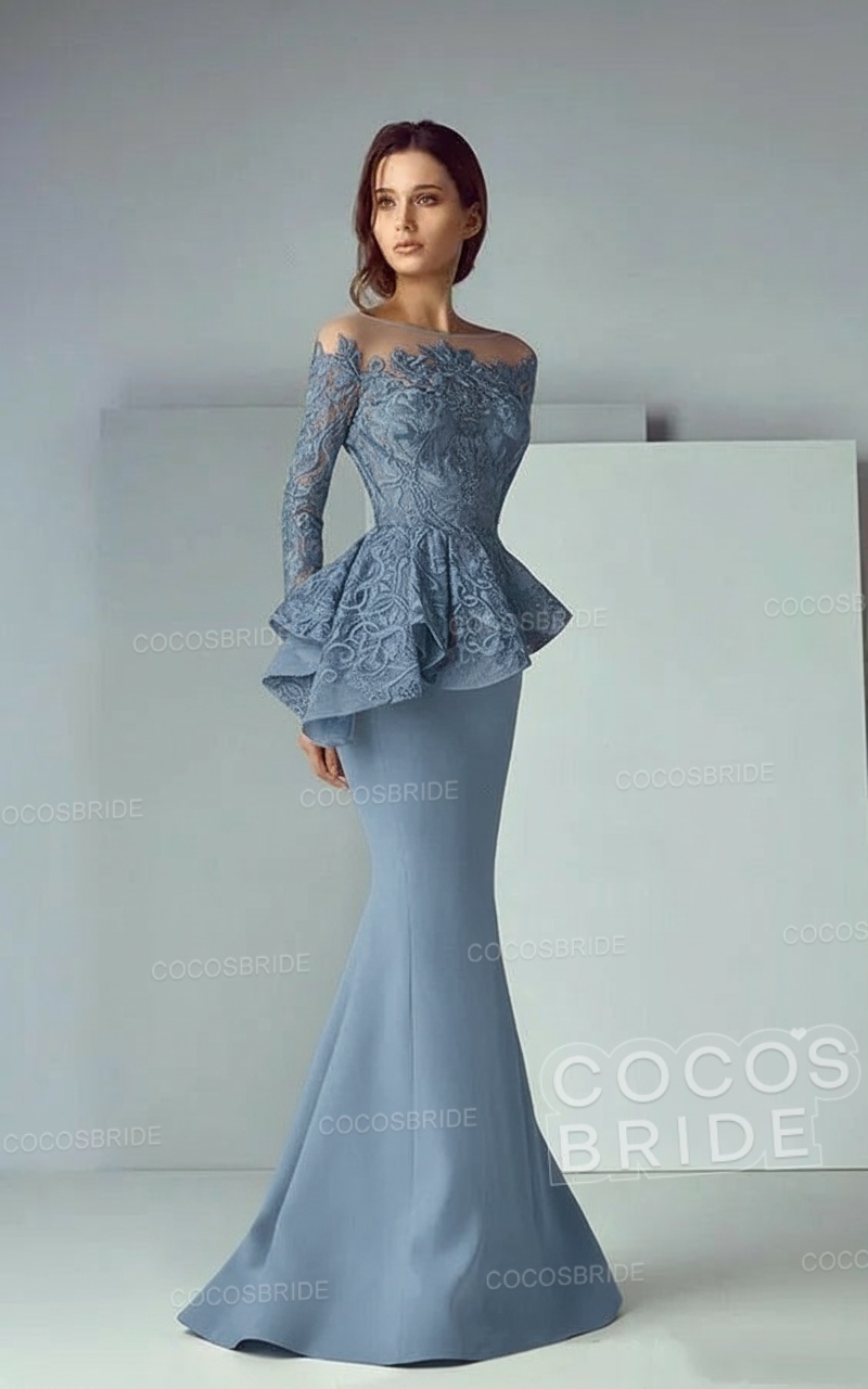 Modest Long Mermaid Lace Satin Formal Prom Dresses with Sleeves