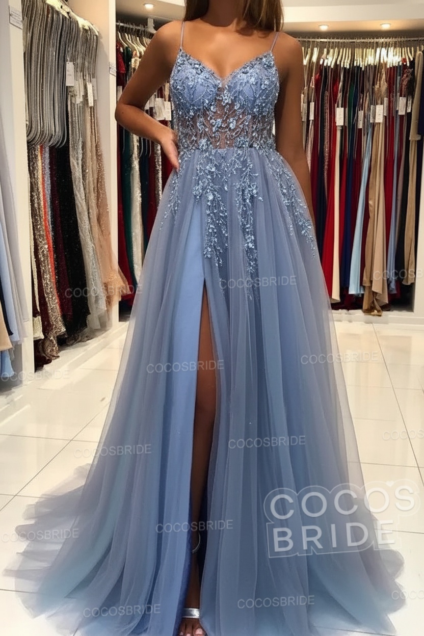 Long A-line V-neck Spaghetti Straps Open Back Prom Dress with Slit