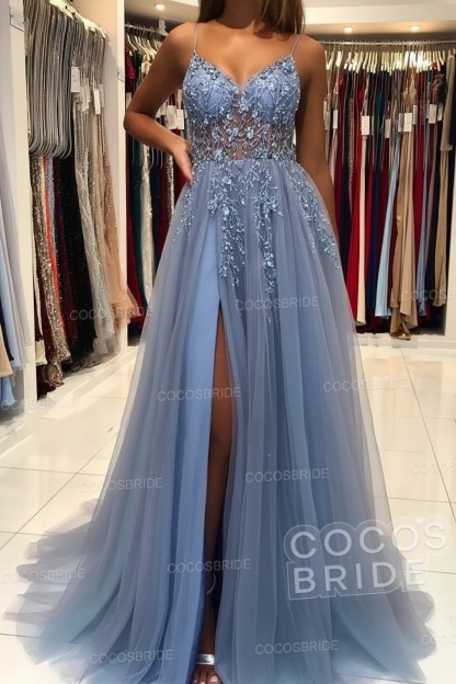 Long A-line V-neck Spaghetti Straps Open Back Prom Dress with Slit