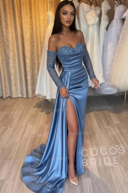 Long Mermaid Off the Shoulder Satin Front Slit Prom Dresses with Sleeves