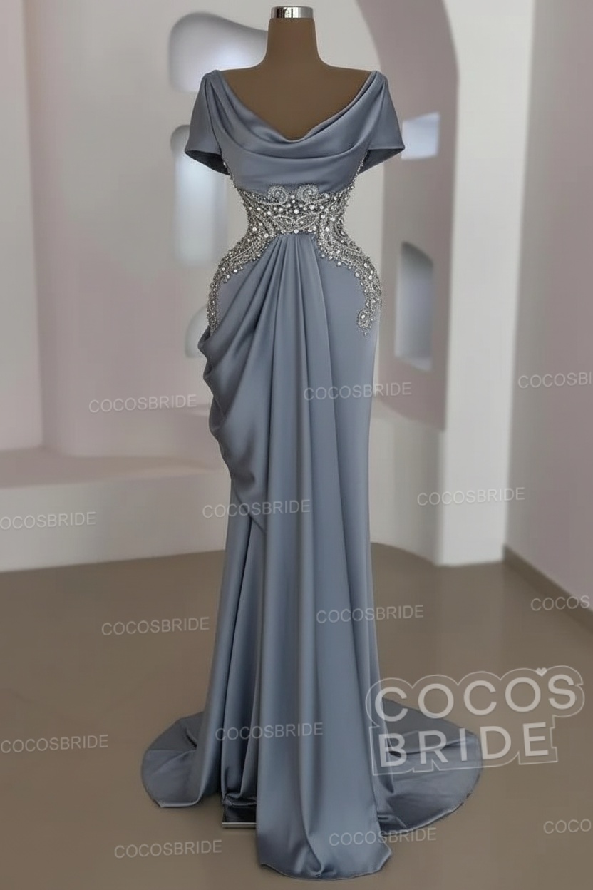 Mermaid Cowl Neck Satin Long Prom Dresses with Short Sleeves