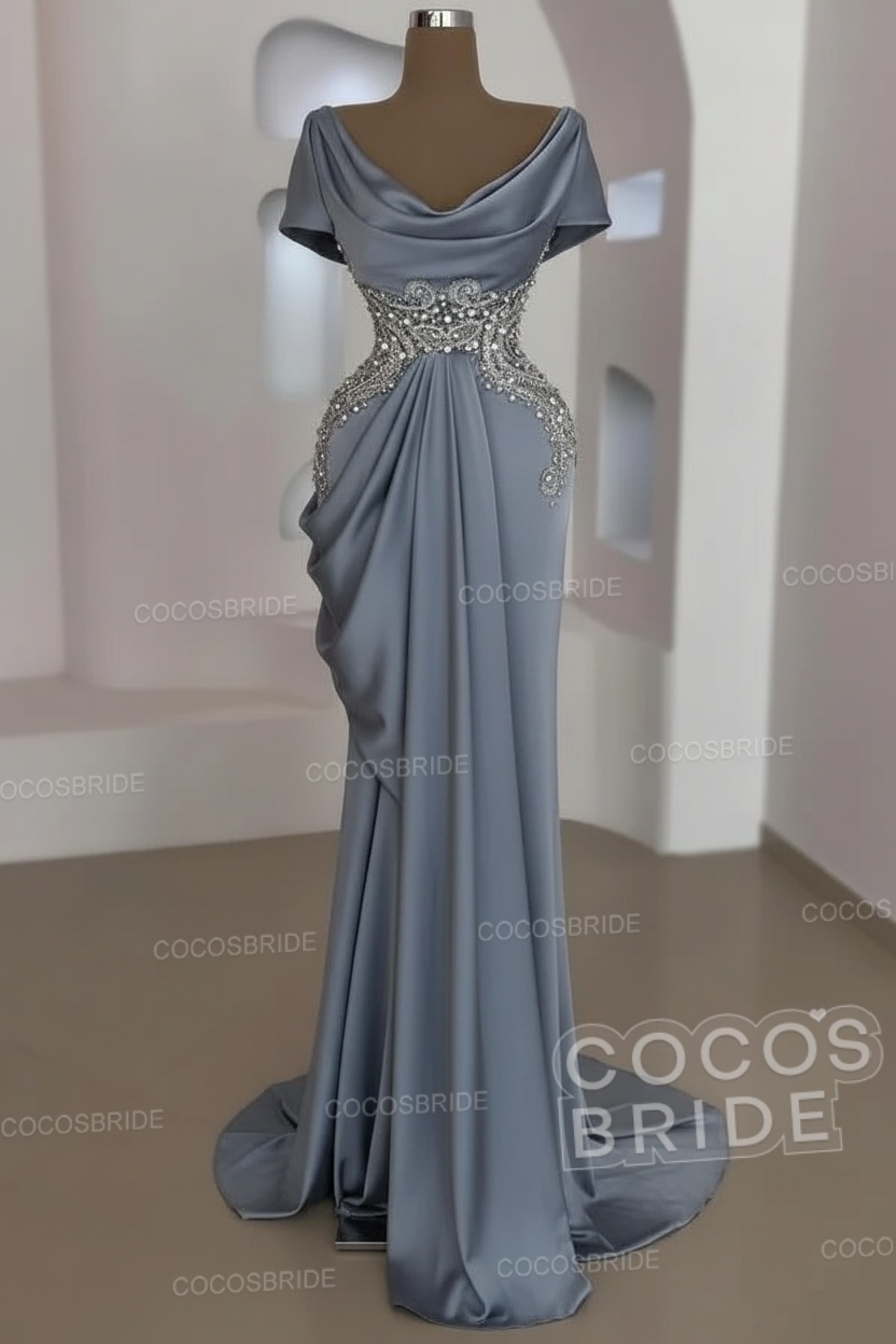 Mermaid Cowl Neck Satin Long Prom Dresses with Short Sleeves