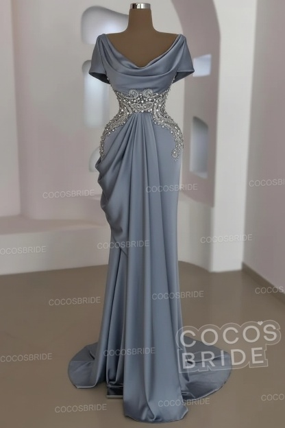 Mermaid Cowl Neck Satin Long Prom Dresses with Short Sleeves