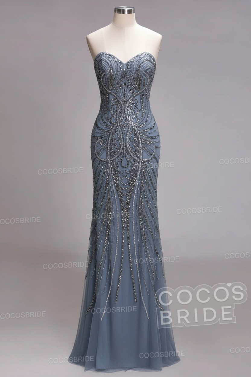 Mermaid Strapless Sweetheart Long Sequined Formal Evening Dresses with Beads
