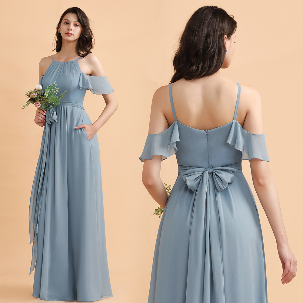 Dusty Blue Off-the-Shoulder A-Line Soft Chiffon Bridesmaid Dress With Pockets