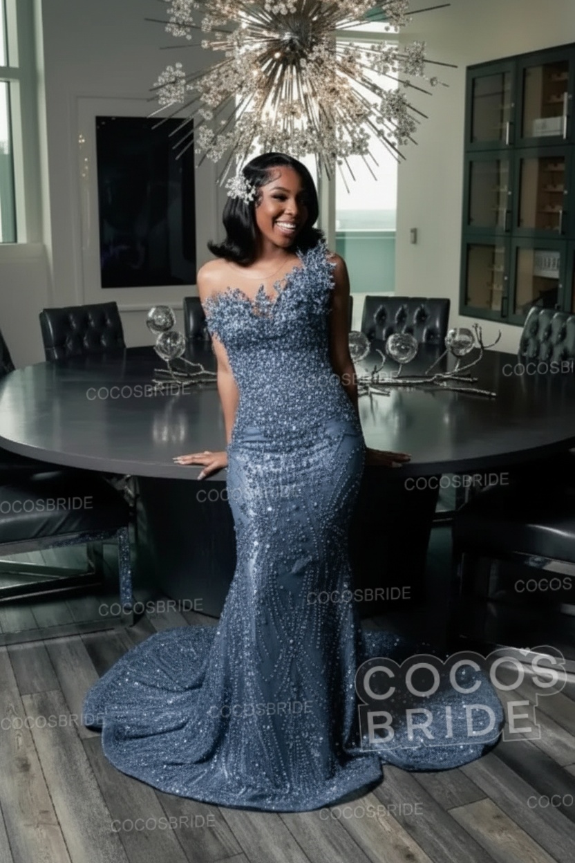 One Shoulder Sleeveless Mermaid Prom Dress with Beaded