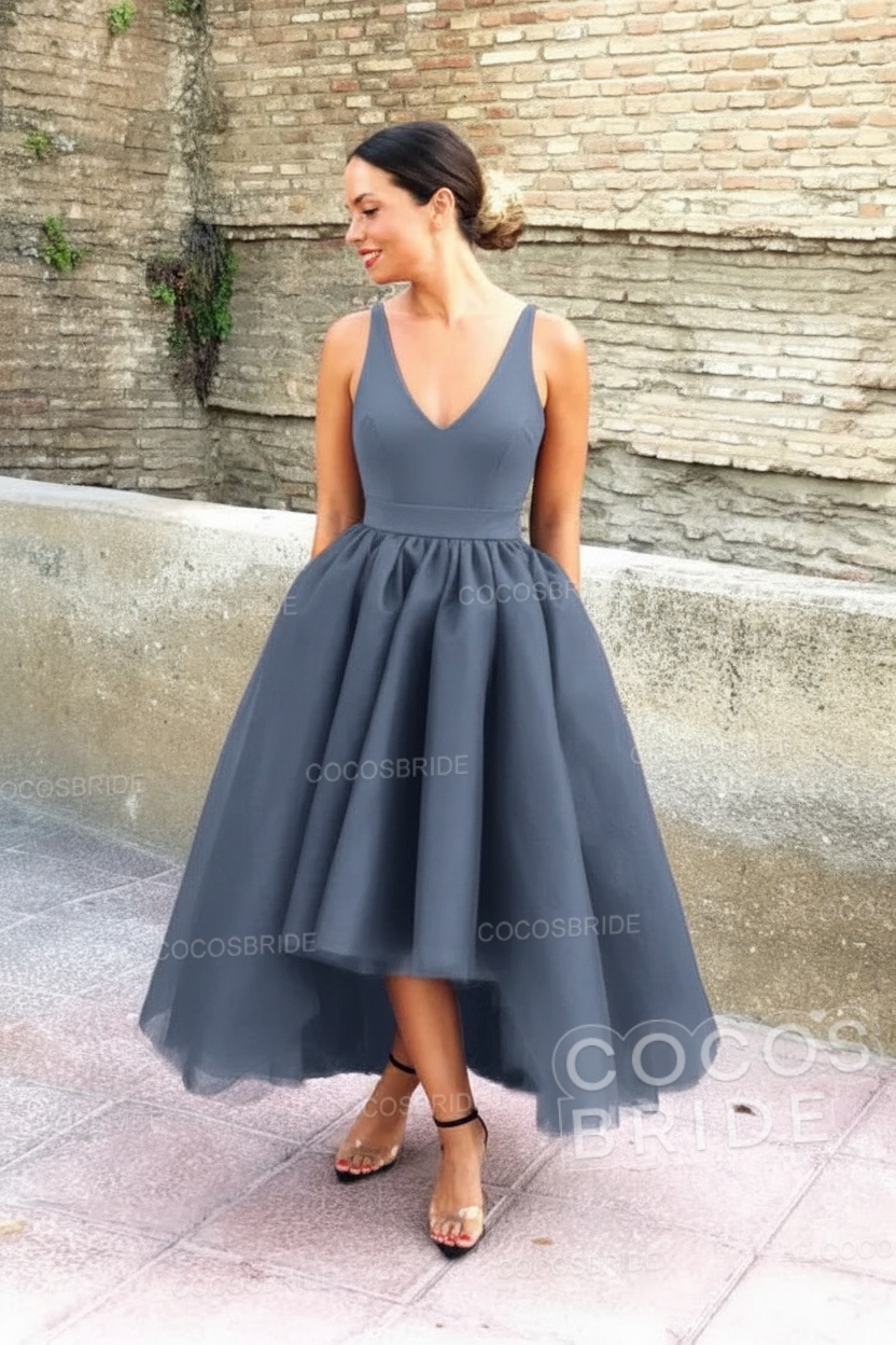 Simple Black V-neck Sleeveless Asymmetrical A-Line Prom Dresses