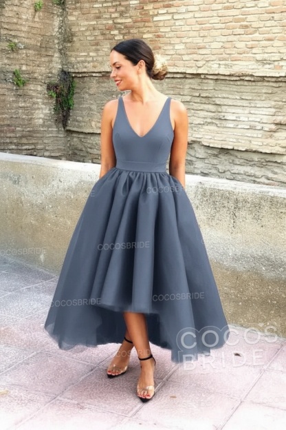 Simple Black V-neck Sleeveless Asymmetrical A-Line Prom Dresses