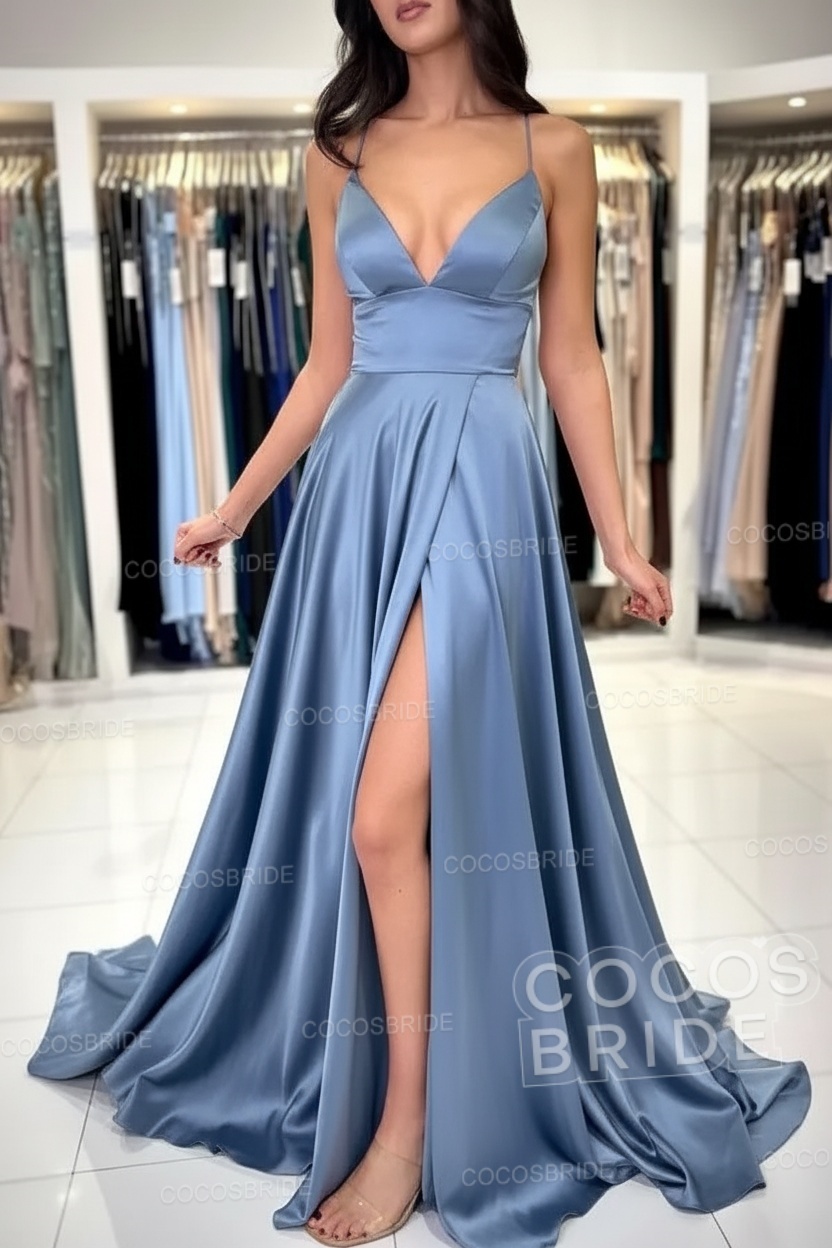 Simple Long A-line V-neck Satin Backless Formal Prom Dresses with Slit