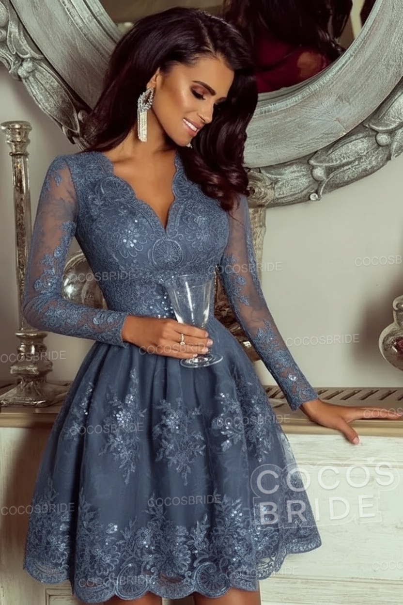 Elegant Short A-line V-neck Tulle Lace Homecoming Dresses with Sleeves