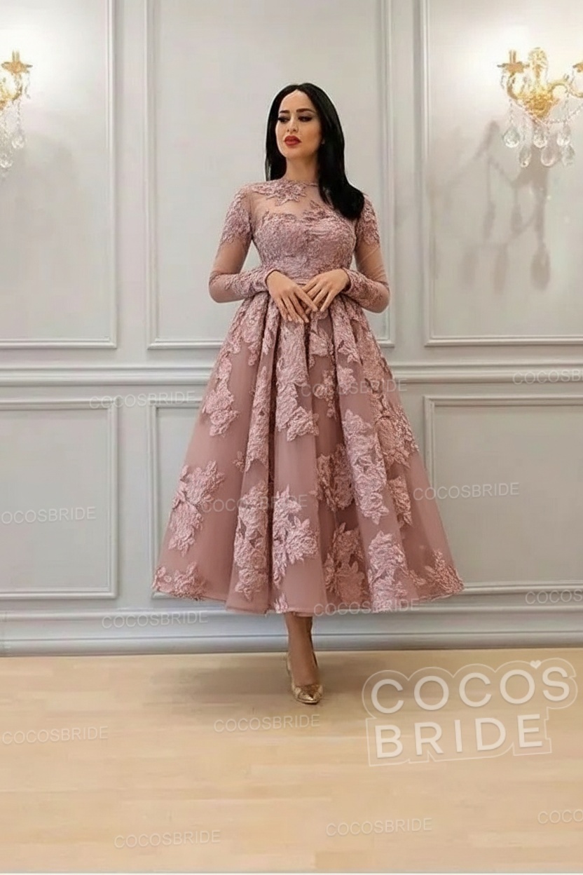 Elegant Short A-line High Neck Lace Ankle Length Formal Evening Dress with Sleeves