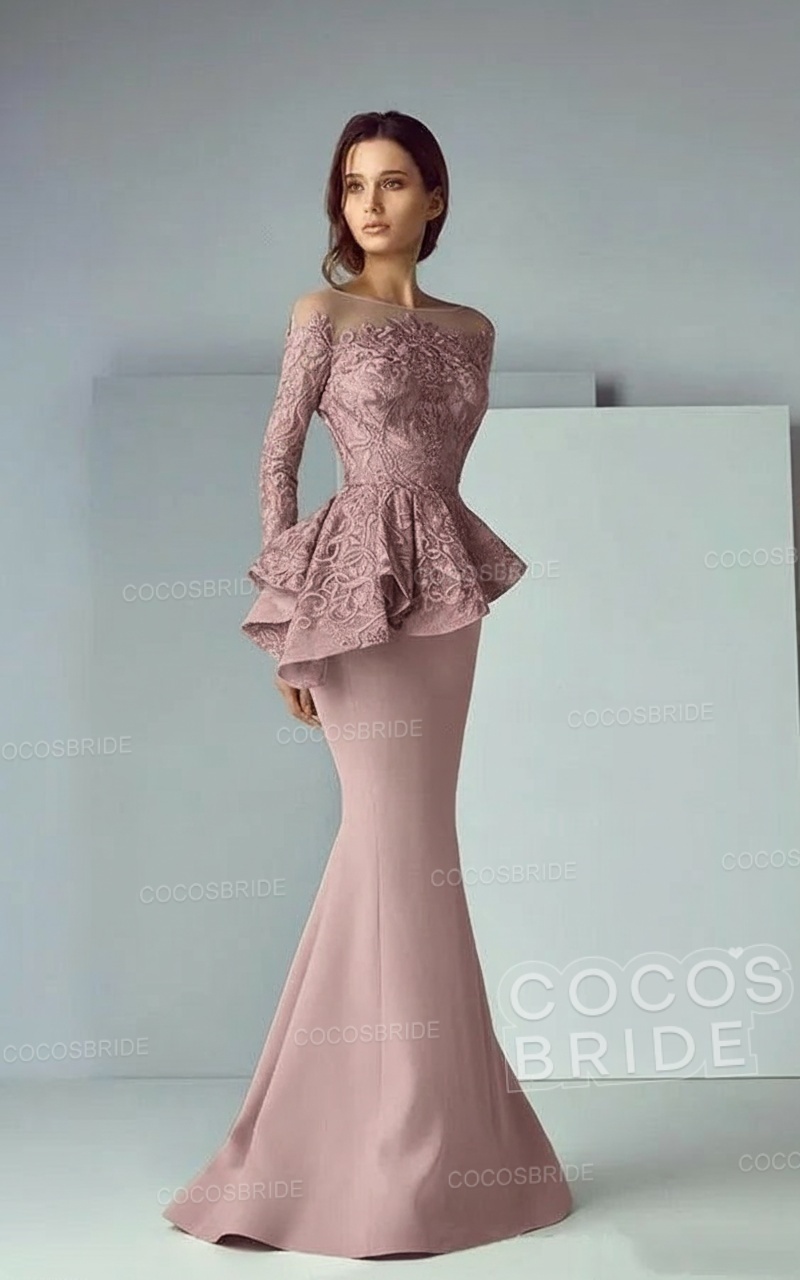Modest Long Mermaid Lace Satin Formal Prom Dresses with Sleeves