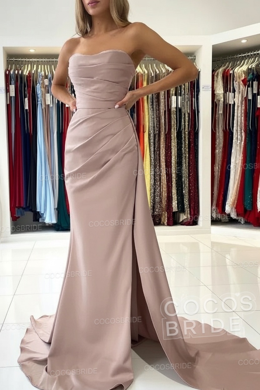 Long Mermaid Strapless Satin Prom Dress with Slit