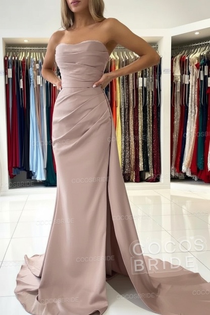 Long Mermaid Strapless Satin Prom Dress with Slit