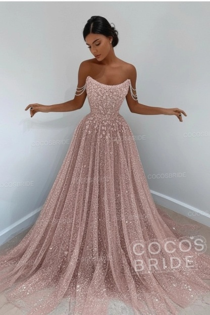 Long A-line Sparkly Sleeveless Sequined Formal Prom Dress