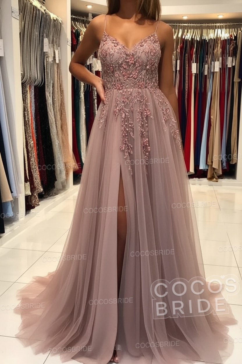 Long A-line V-neck Spaghetti Straps Open Back Prom Dress with Slit