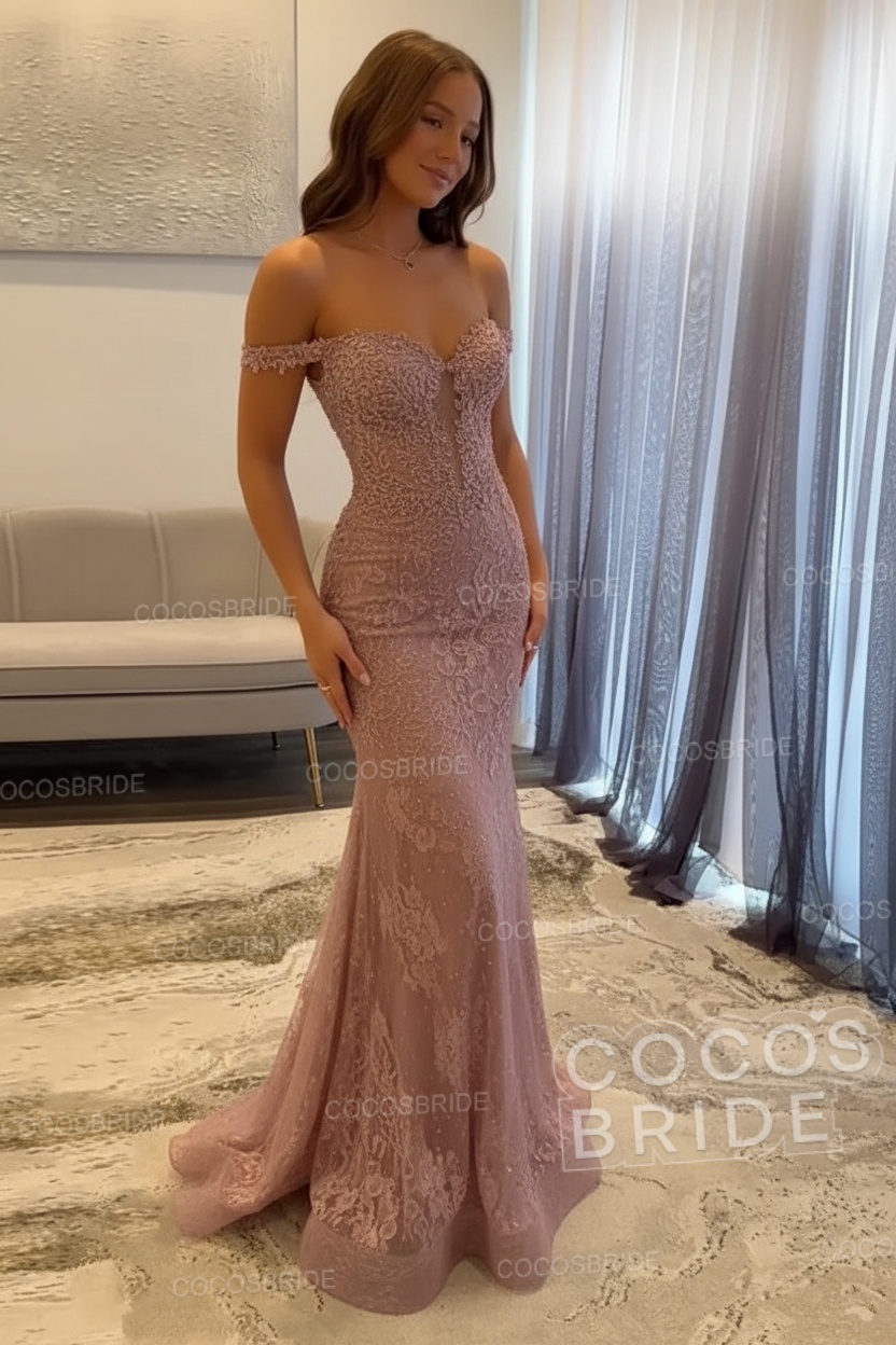 Dark Navy Long Mermaid Off the Shoulder Lace Prom Dress