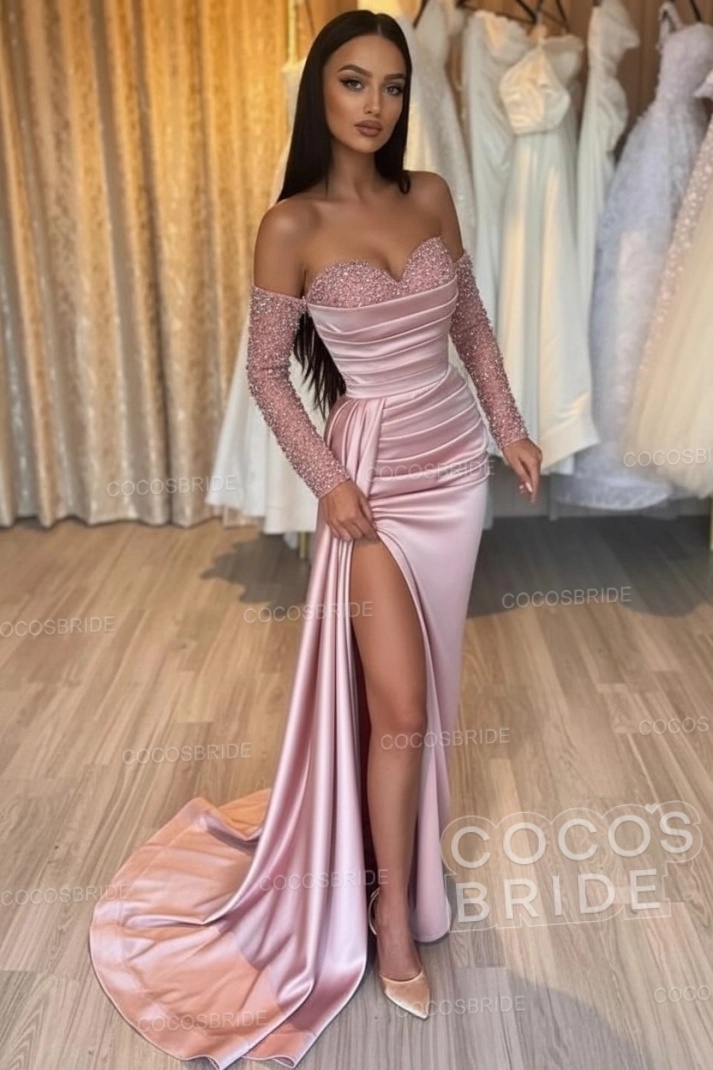 Long Mermaid Off the Shoulder Satin Front Slit Prom Dresses with Sleeves