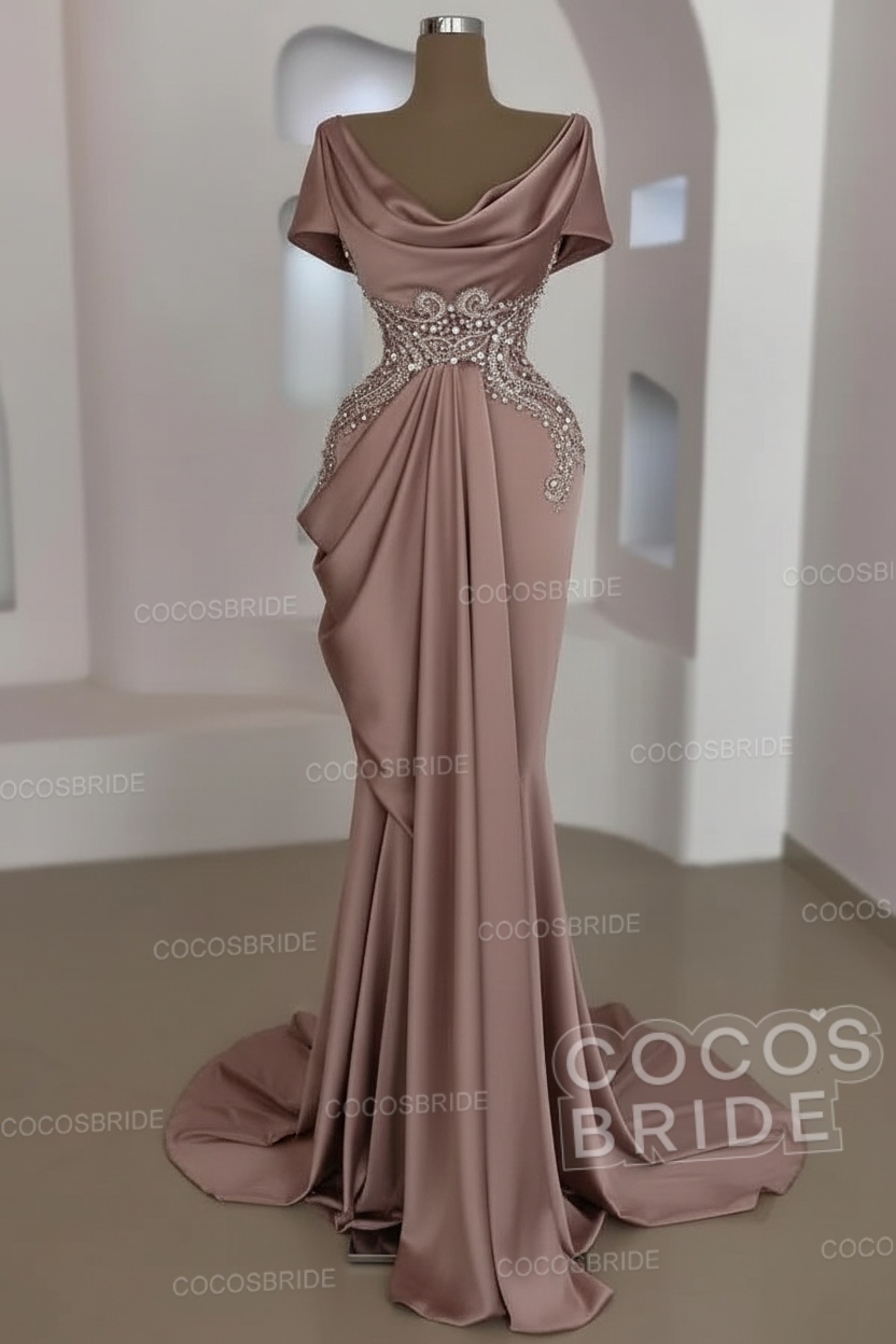 Mermaid Cowl Neck Satin Long Prom Dresses with Short Sleeves