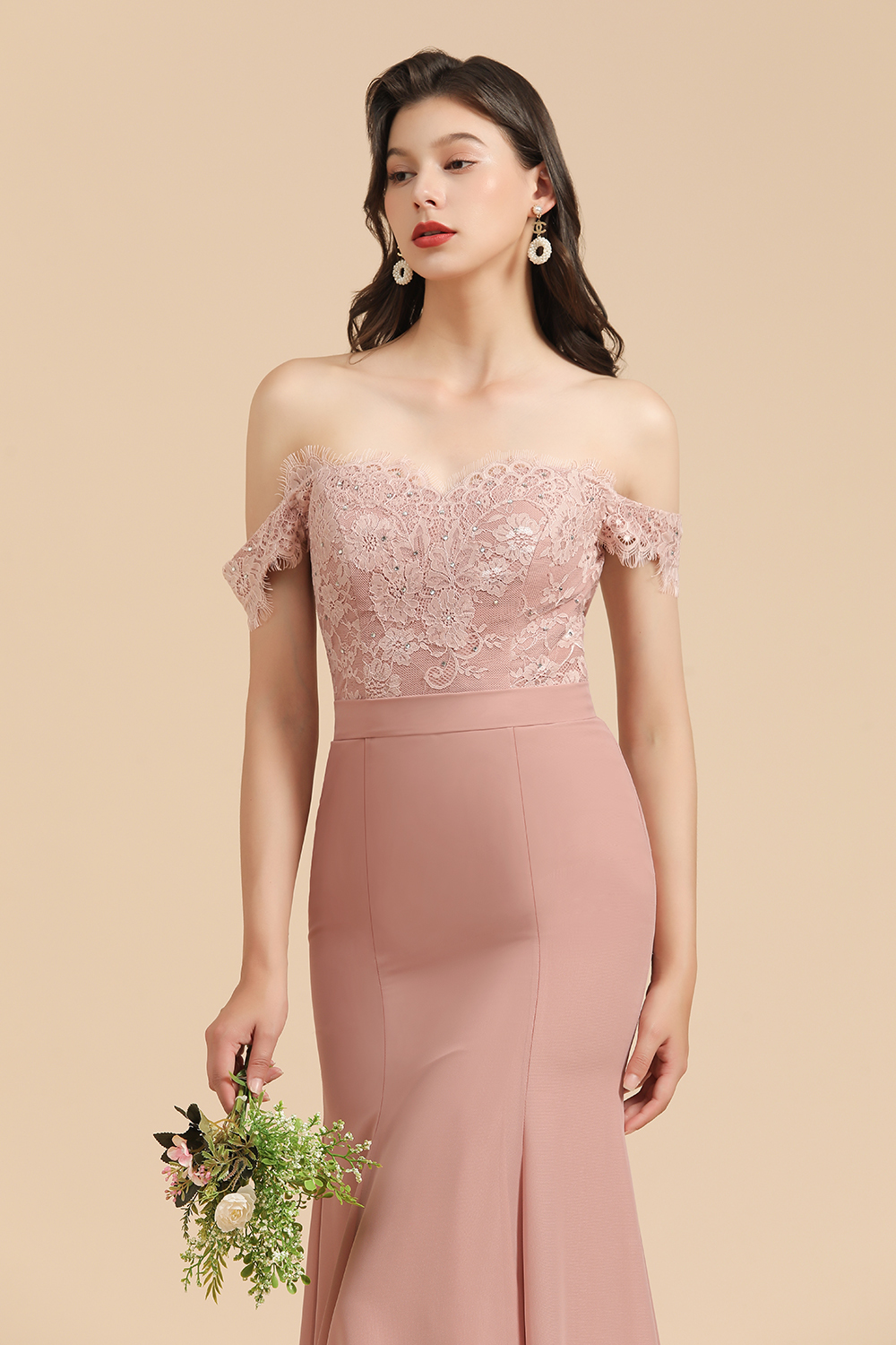Dusty Rose Mermaid Off The Shoulder Lace Long Bridesmaid Dress