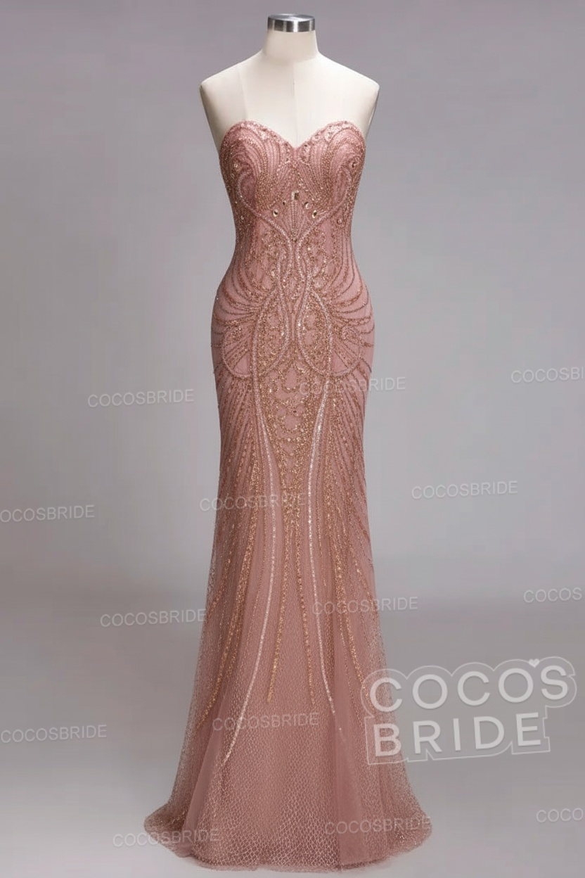Mermaid Strapless Sweetheart Long Sequined Formal Evening Dresses with Beads