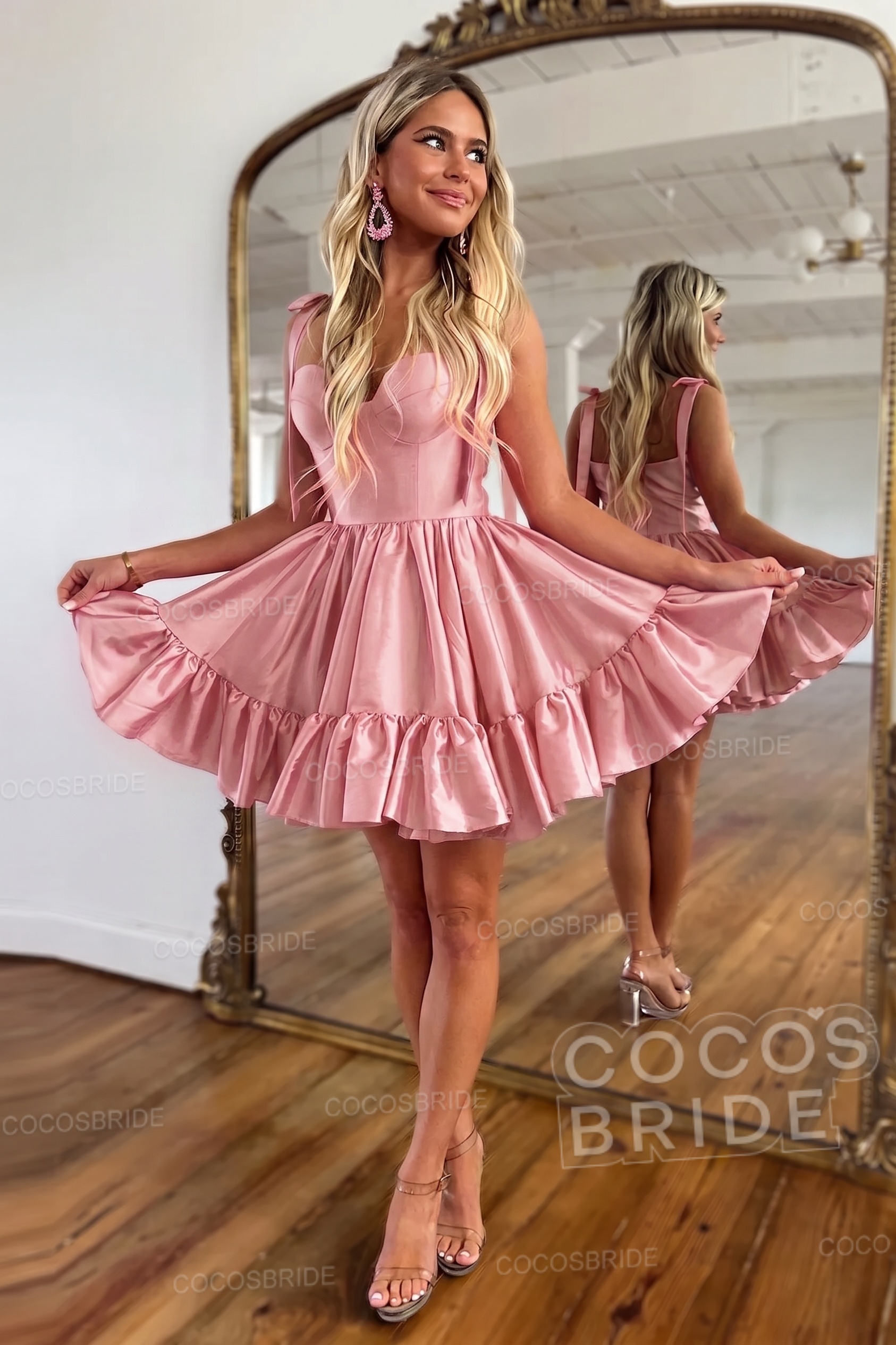 Simple Pink A-Line Short Satin Sweetheart Homecoming Dress