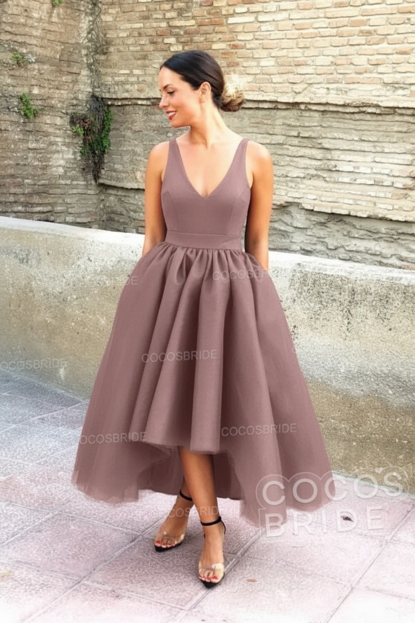 Simple Black V-neck Sleeveless Asymmetrical A-Line Prom Dresses