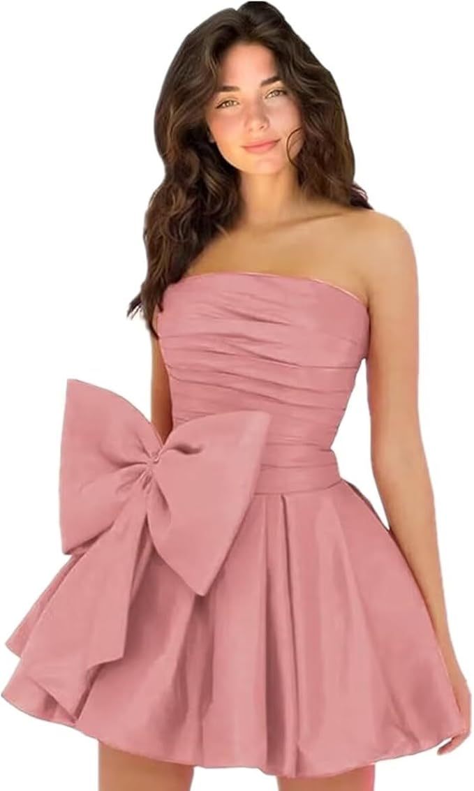 Chic Short A-line Sleeveless Strapless Ruched Lace Up Homecoming Dresses with Bow - CoCosBride