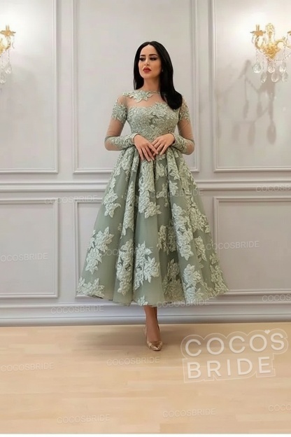 Elegant Short A-line High Neck Lace Ankle Length Formal Evening Dress with Sleeves