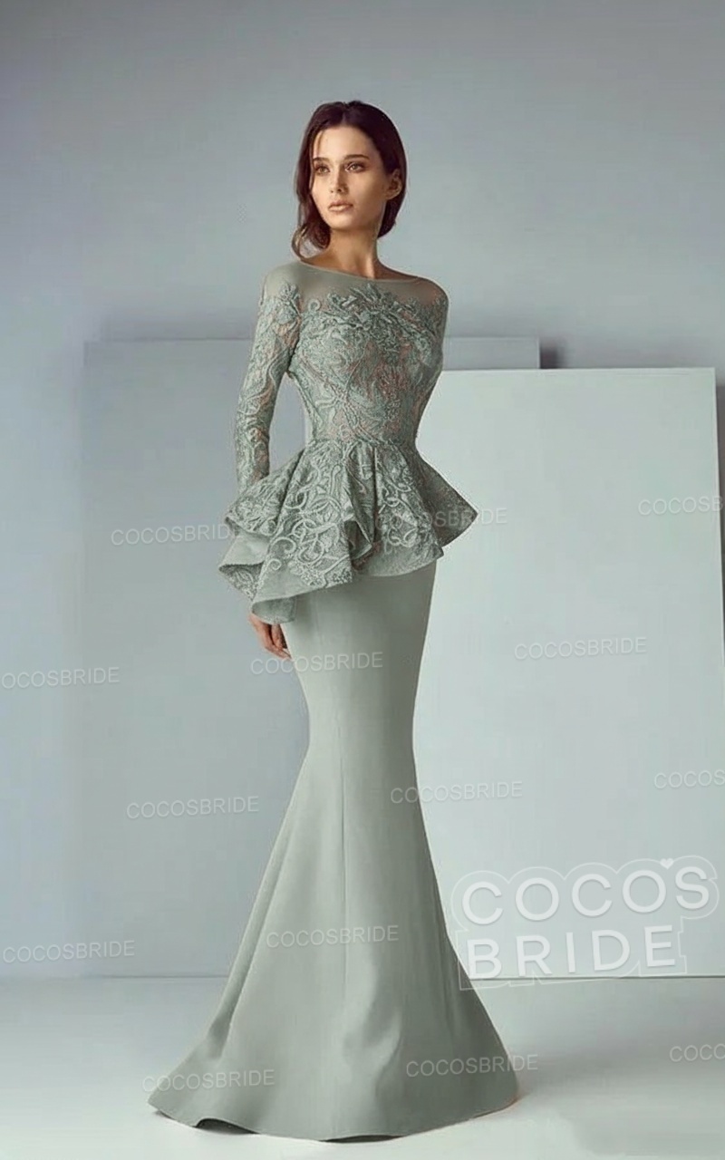 Modest Long Mermaid Lace Satin Formal Prom Dresses with Sleeves