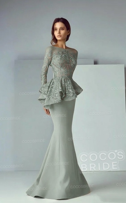 Modest Long Mermaid Lace Satin Formal Prom Dresses with Sleeves