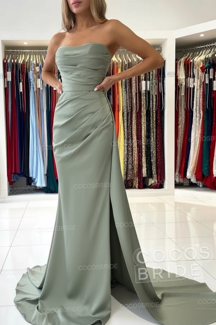 Long Mermaid Strapless Satin Prom Dress with Slit
