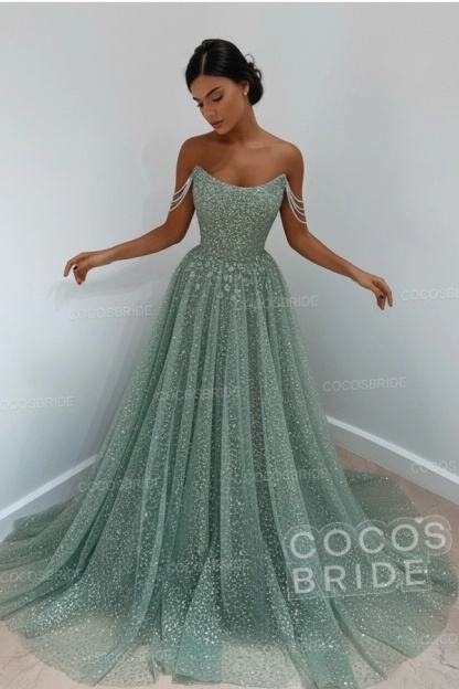 Long A-line Sparkly Sleeveless Sequined Formal Prom Dress