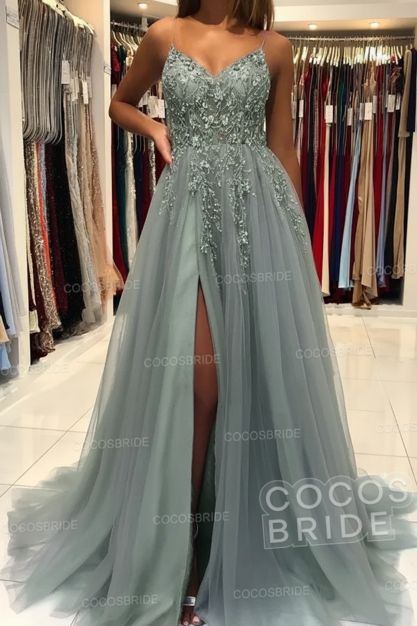 Long A-line V-neck Spaghetti Straps Open Back Prom Dress with Slit