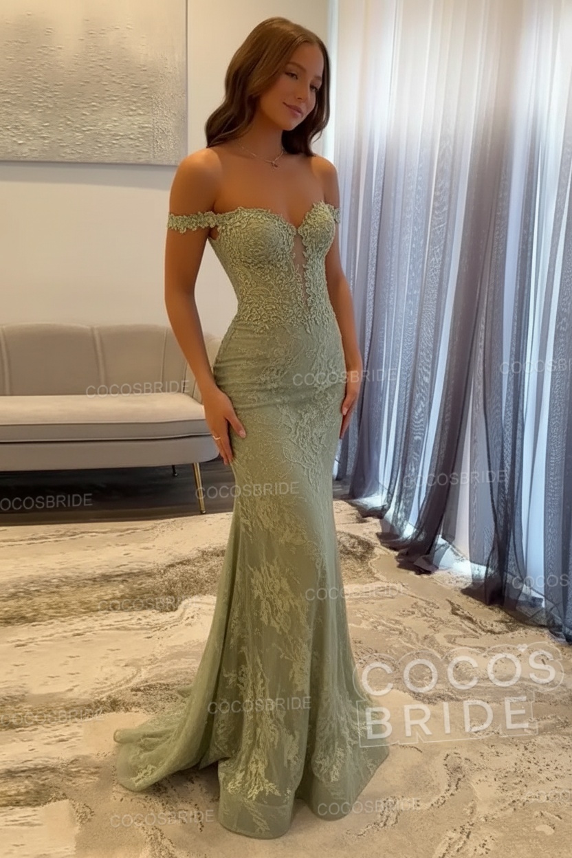 Dark Navy Long Mermaid Off the Shoulder Lace Prom Dress