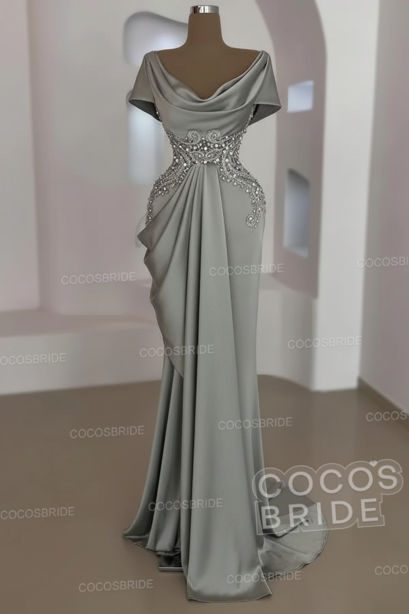 Mermaid Cowl Neck Satin Long Prom Dresses with Short Sleeves