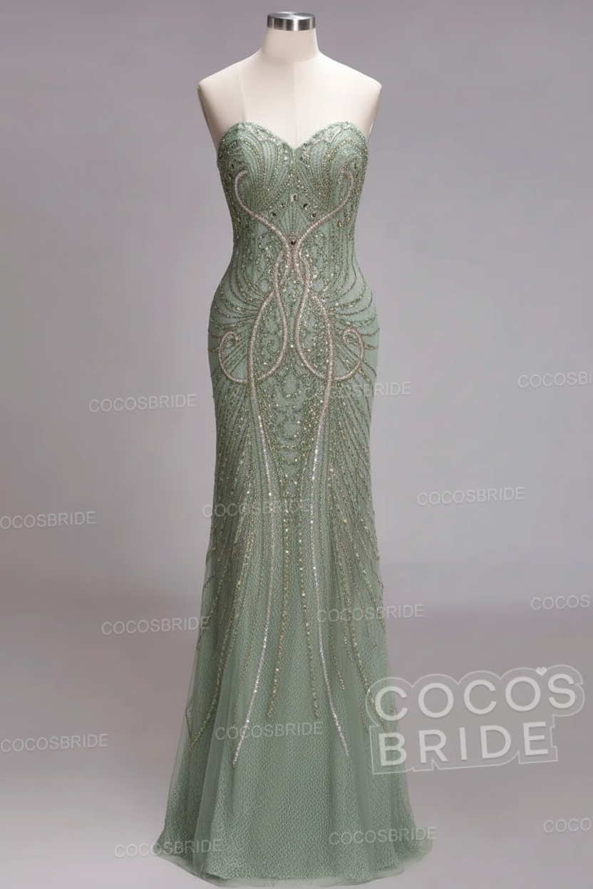 Mermaid Strapless Sweetheart Long Sequined Formal Evening Dresses with Beads